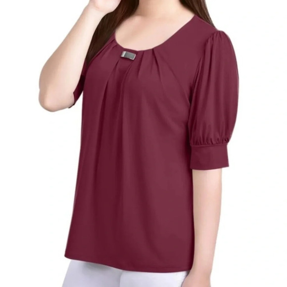 NY Collection Balloon Short Sleeve Top Stretchy Womens Petite Medium NWT - Picture 2 of 13